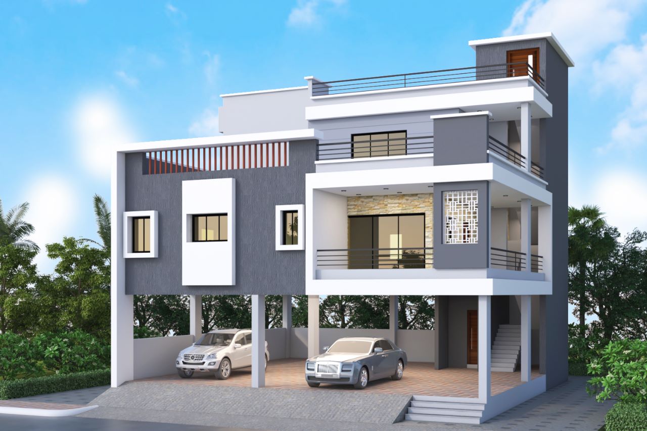 Modern 3D Bungalow Elevation 1